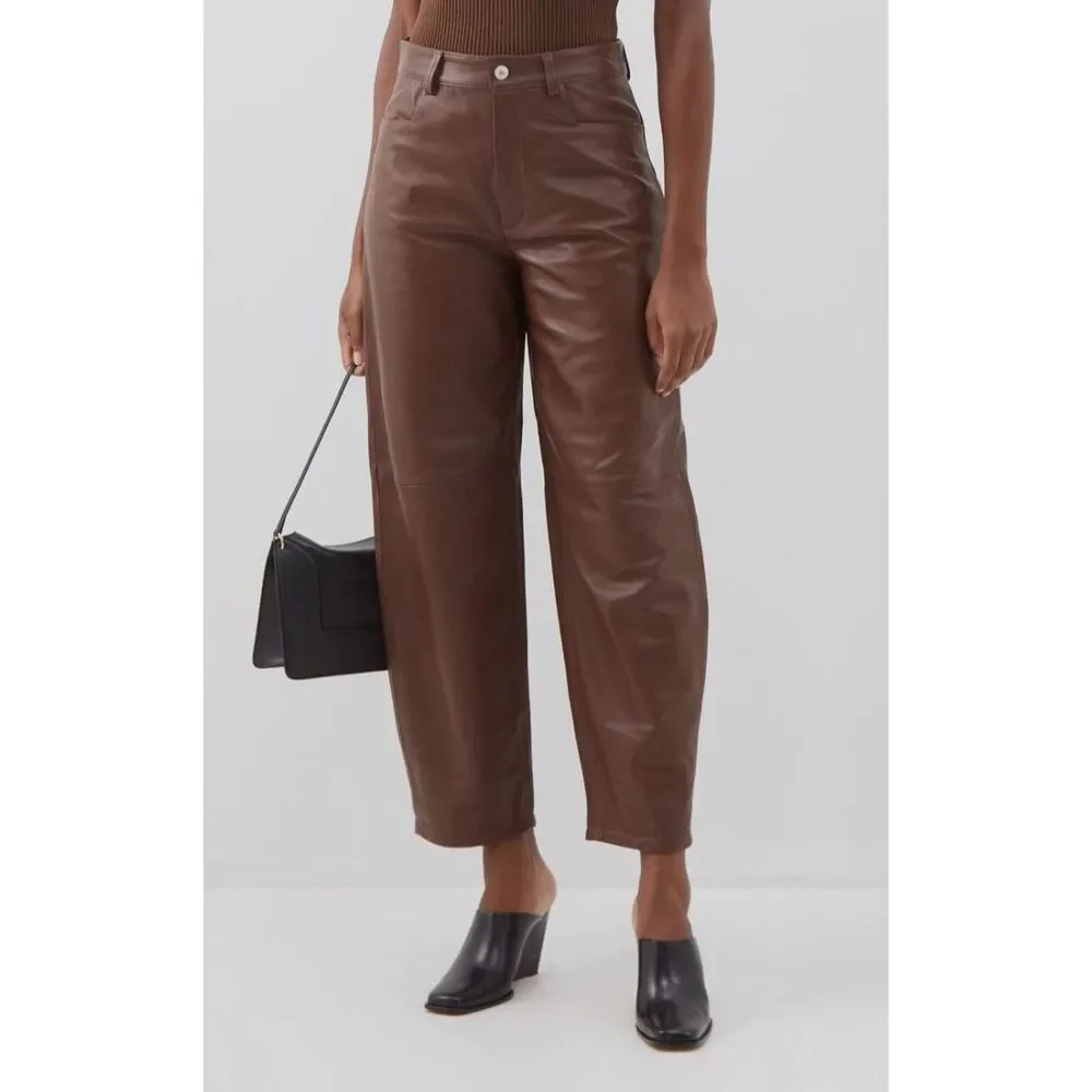 $1460 Wandler Women's Brown Chamomile Barrel-Leg Leather Pants Size S - Picture 3 of 7